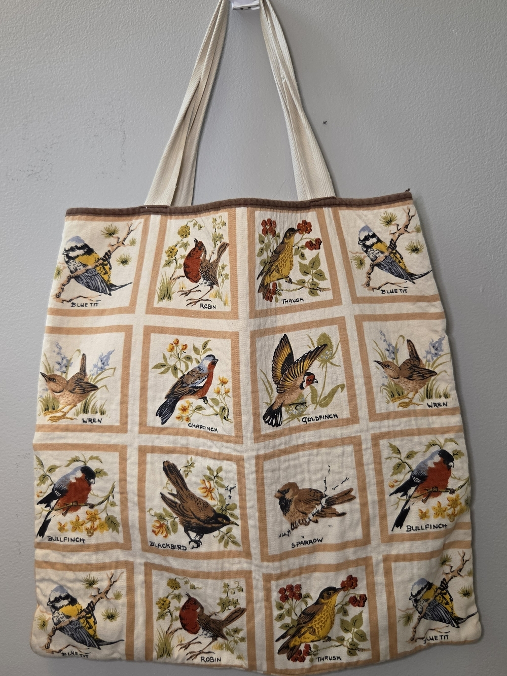 Vintage "Home Comfort Creations" European Garden Birds Fabric Tote Bag